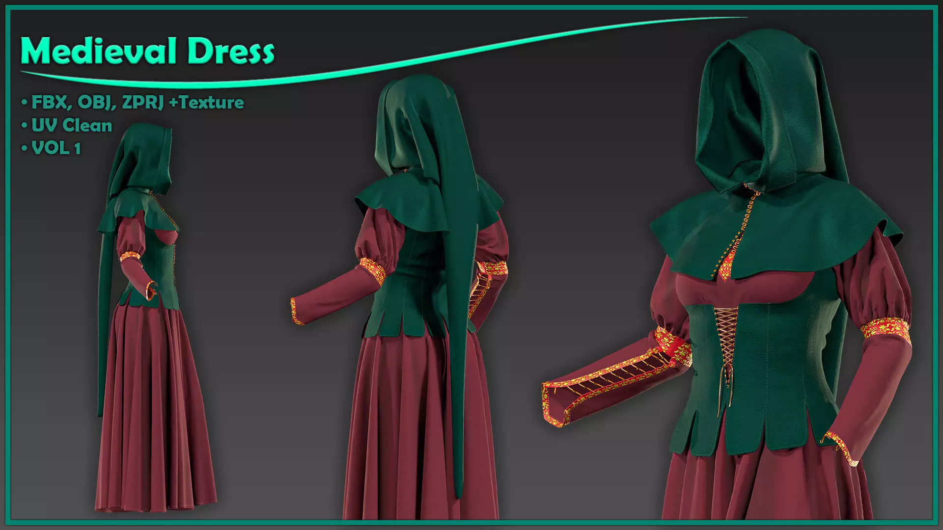 female medieval dress with texture 3D model_0