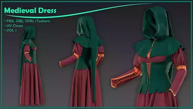 female medieval dress with texture 3D model female medieval dress with texture 3D model