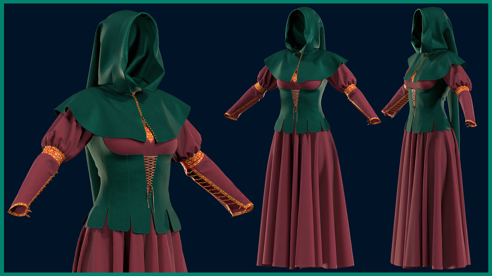 female medieval dress with texture 3D model_2