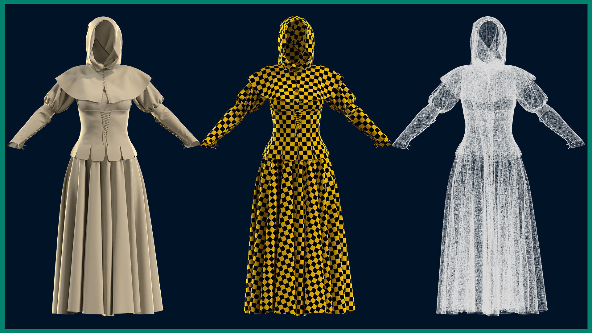 female medieval dress with texture 3D model_4