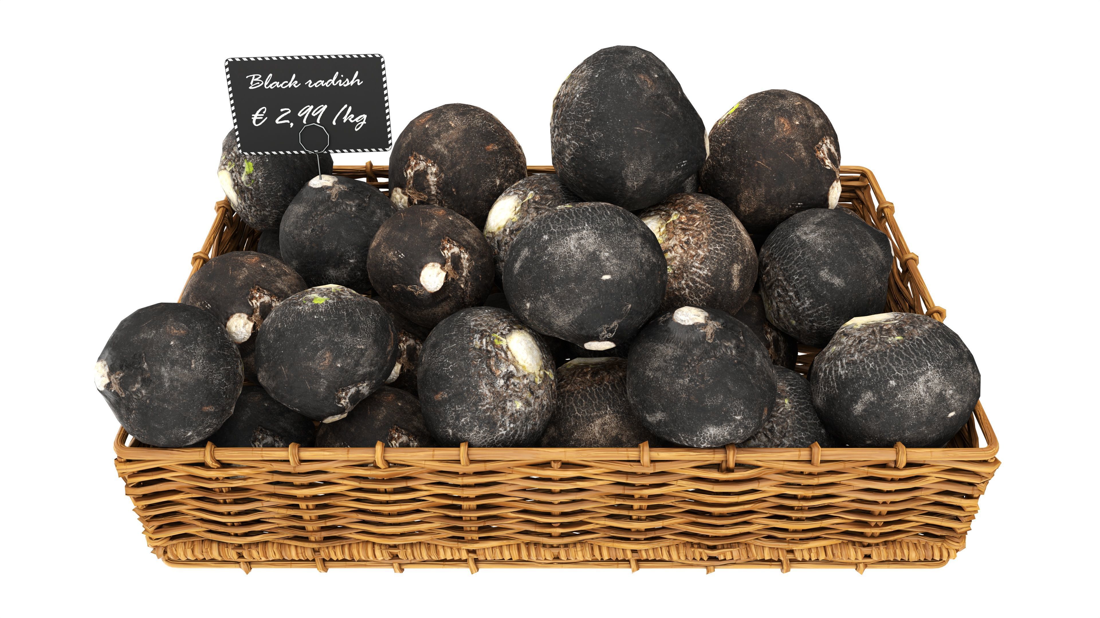 Black radish in tray with price tag Low-poly 3D model_1