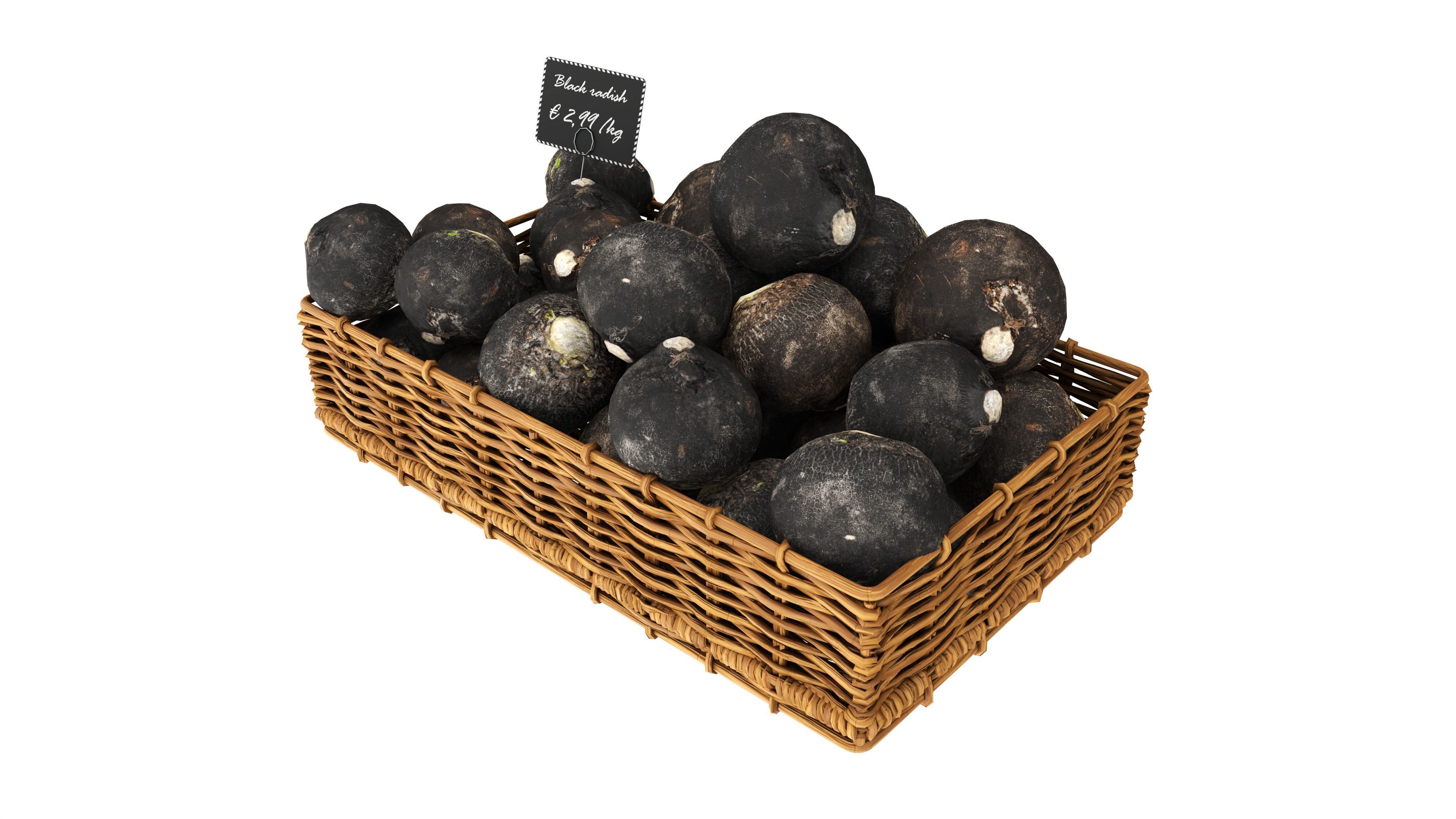 Black radish in tray with price tag Low-poly 3D model_2