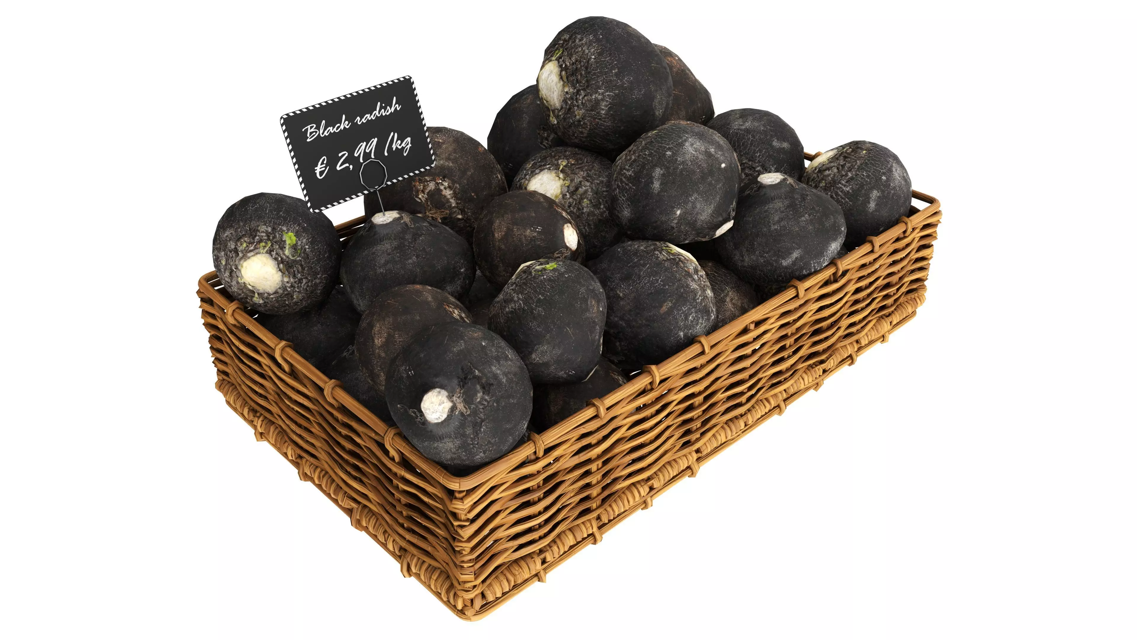 Black radish in tray with price tag Low-poly 3D model_0