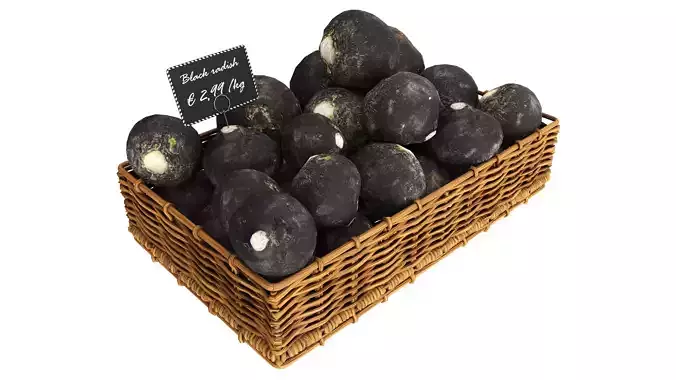 Black radish in tray with price tag