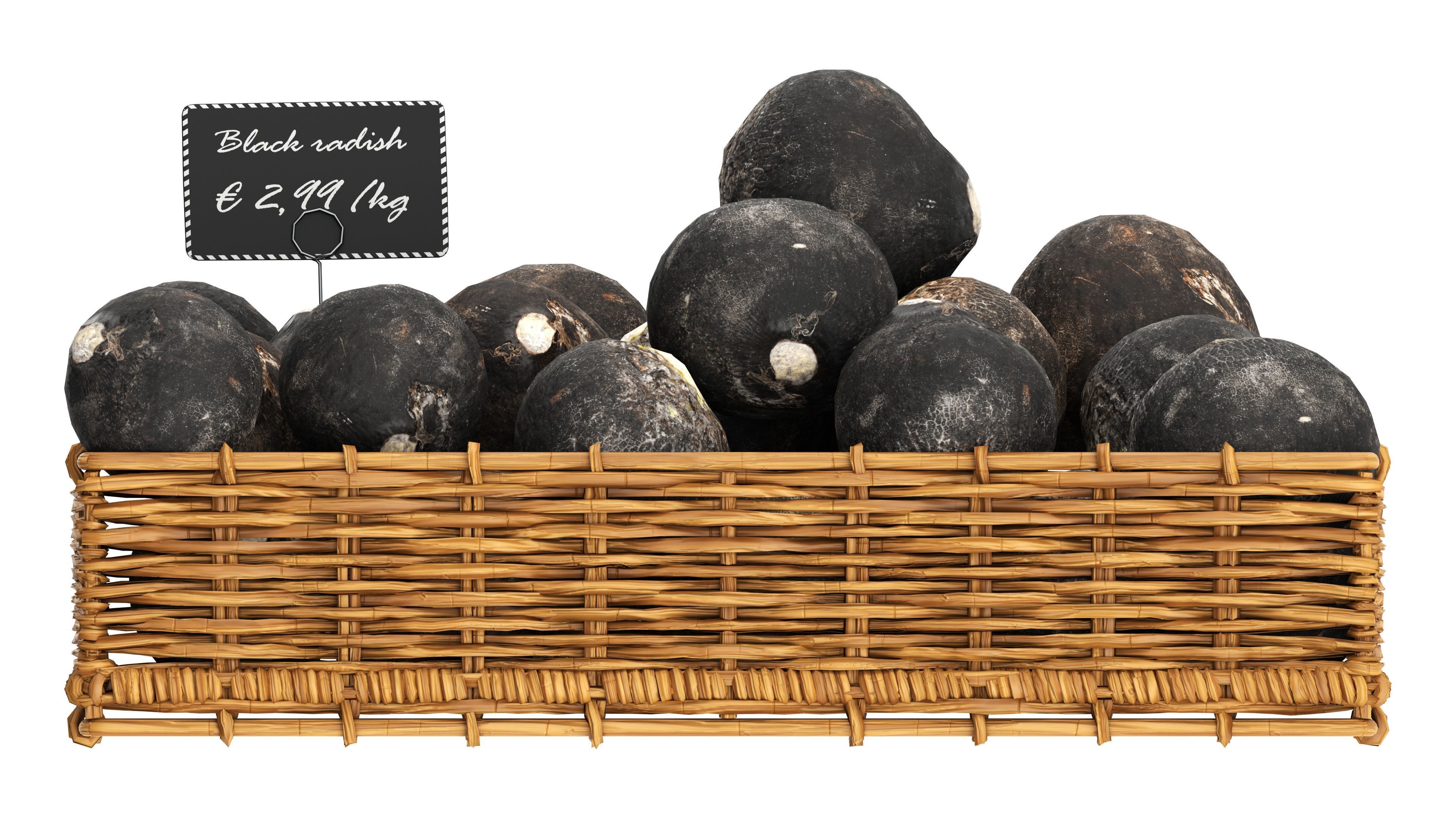 Black radish in tray with price tag Low-poly 3D model_5