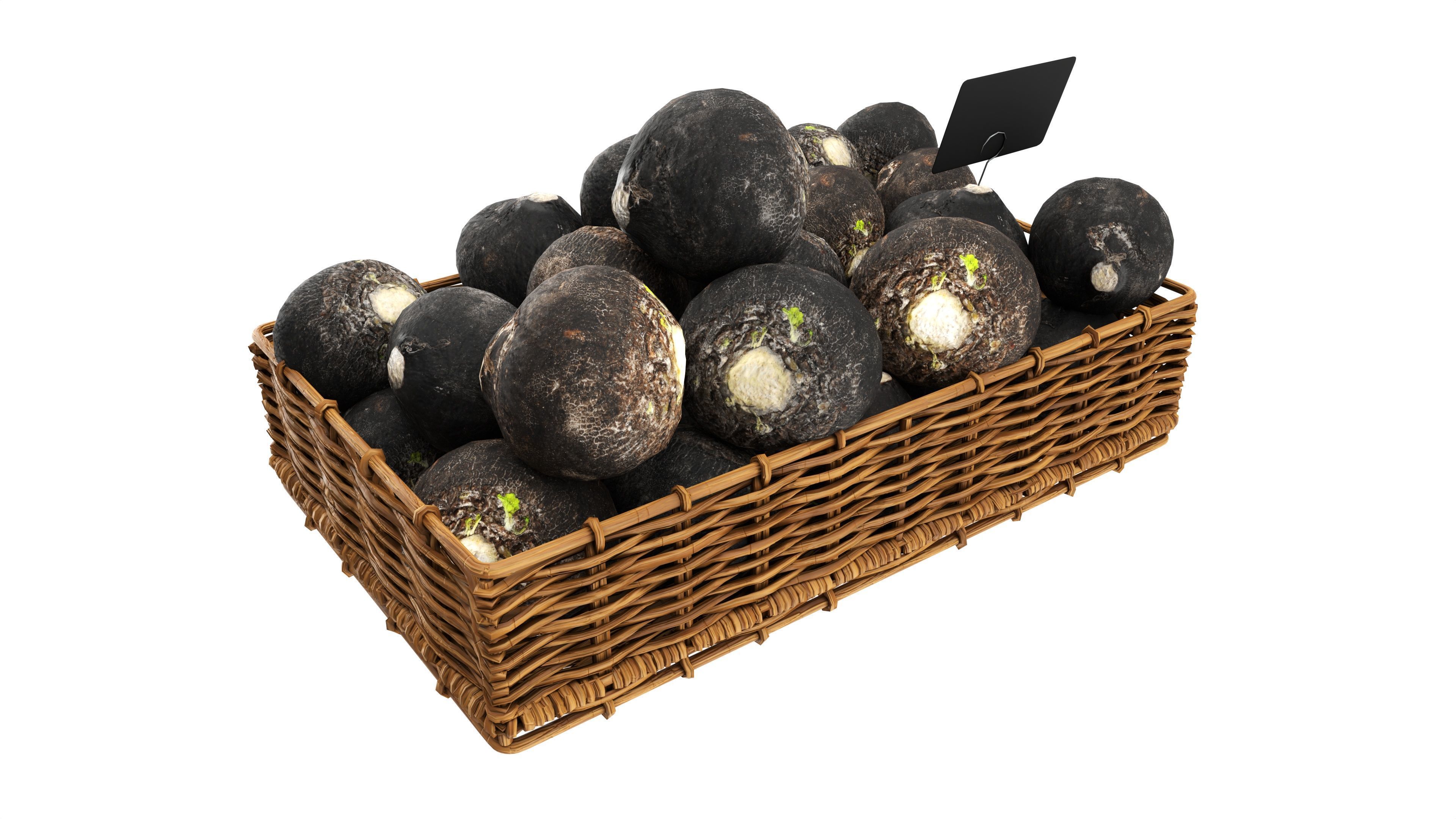 Black radish in tray with price tag Low-poly 3D model_3
