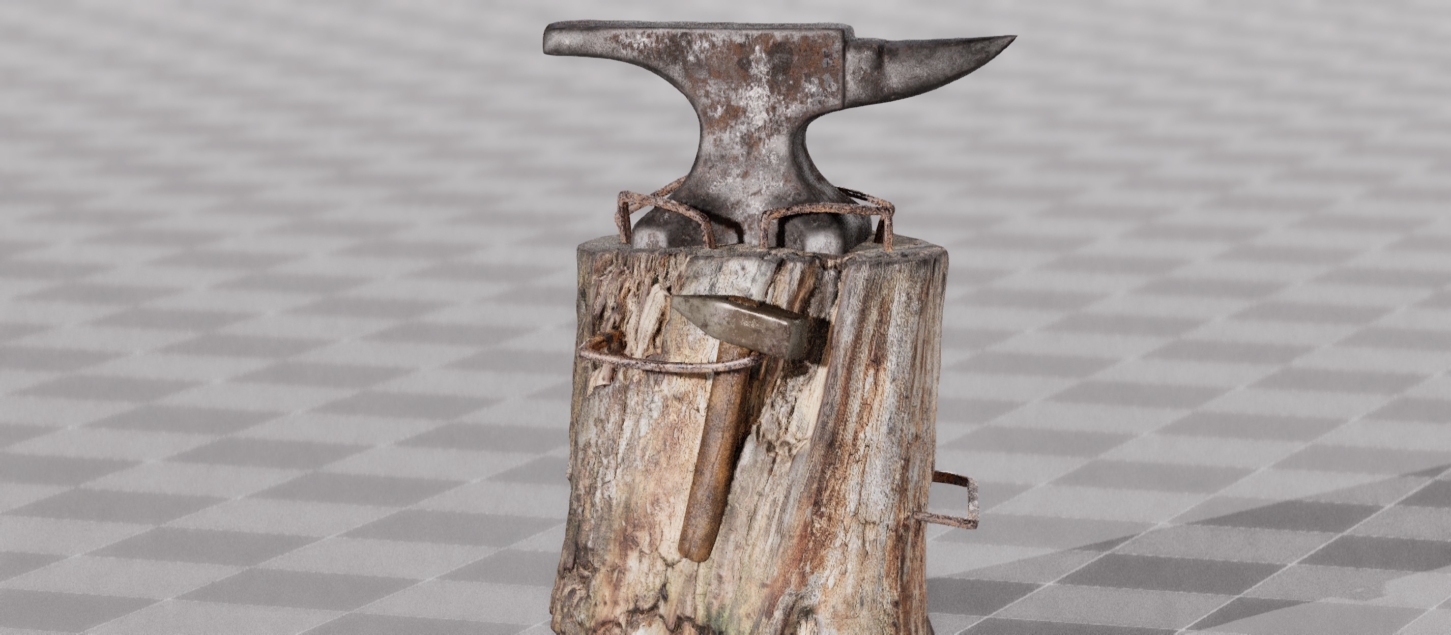 Rustic Anvil Hammer and Stump 3D Models - 8K PBR Nanite Ready Low-poly 3D model_3