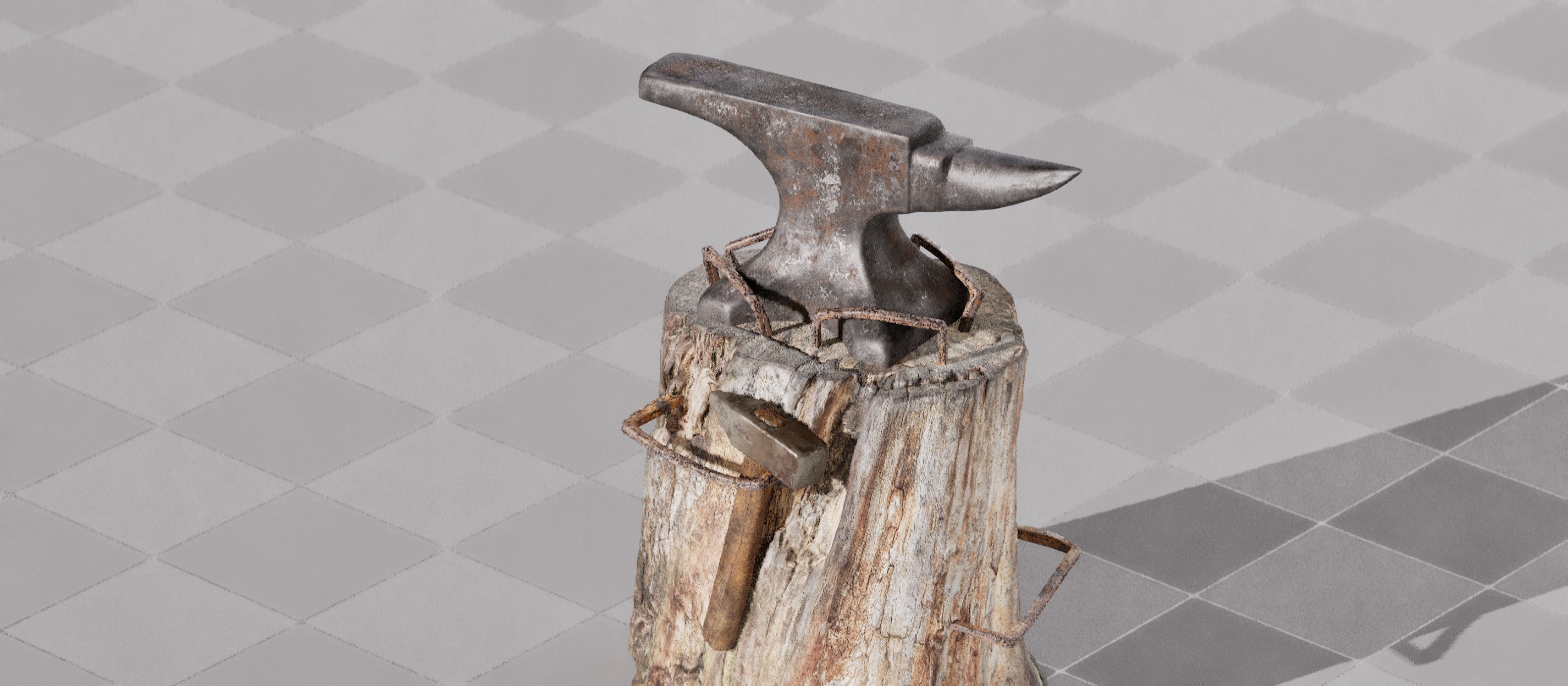 Rustic Anvil Hammer and Stump 3D Models - 8K PBR Nanite Ready Low-poly 3D model_6