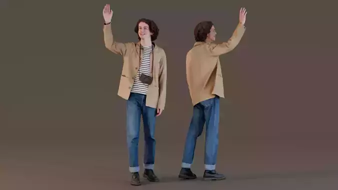 Friendly Photographer in Striped Shirt Waving