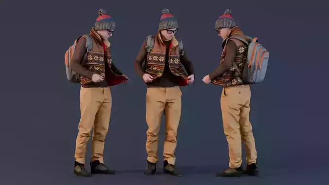 Winter Student with Backpack Adjusting Jacket