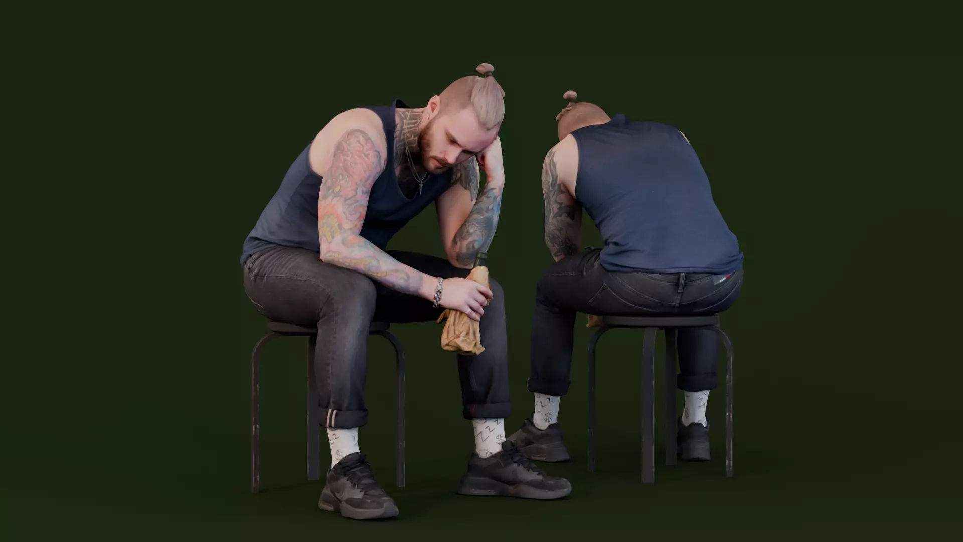 Reflective Moment - Man with Tattoos Sitting in Thought 3D model_0