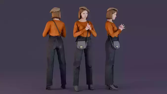 Casual Elegance Woman in Orange Sweater and Plaid Cap