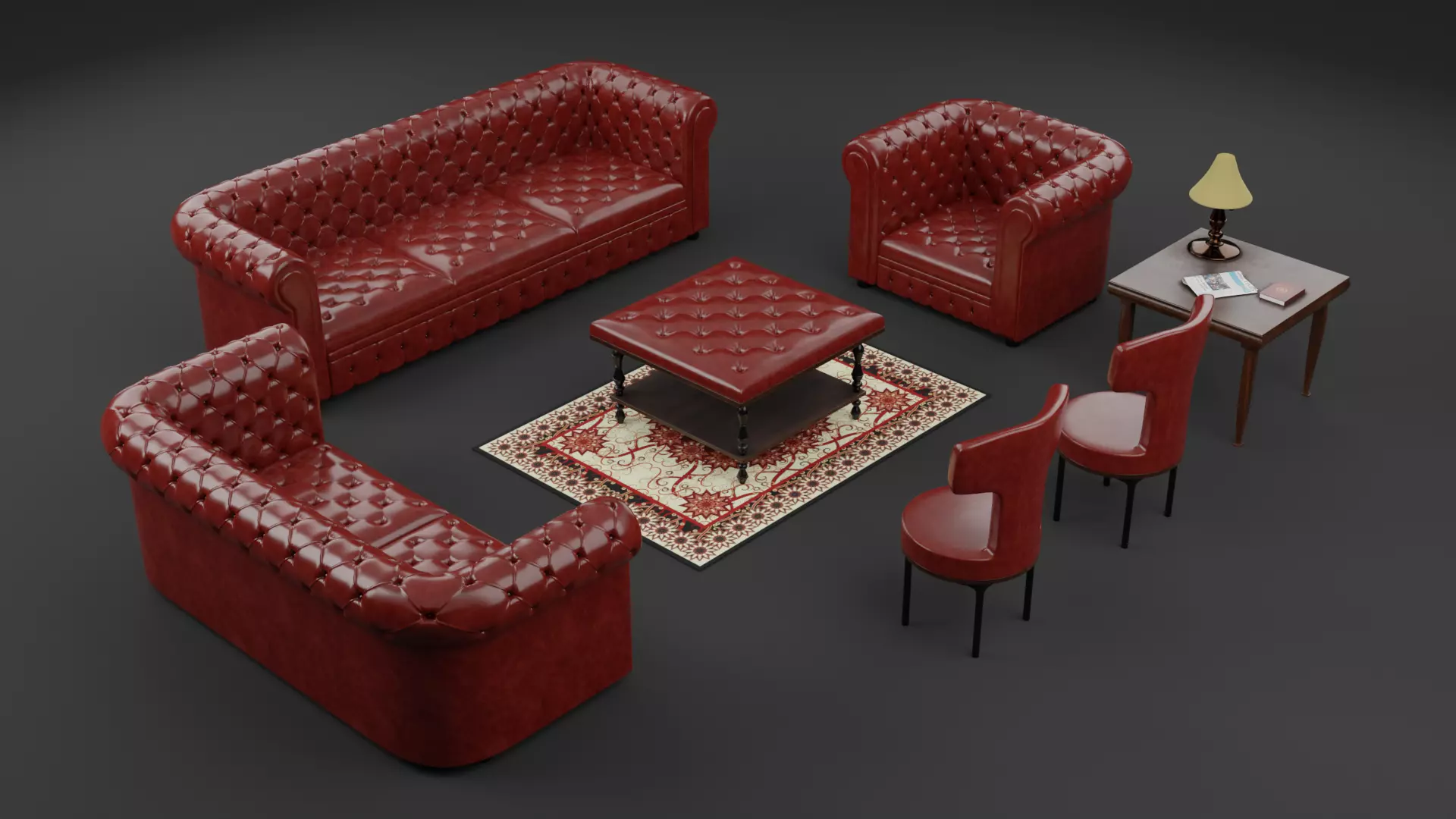 Chesterfield Realistic Leather Sofa Full Set 3ds Max Low-poly 3D model_0
