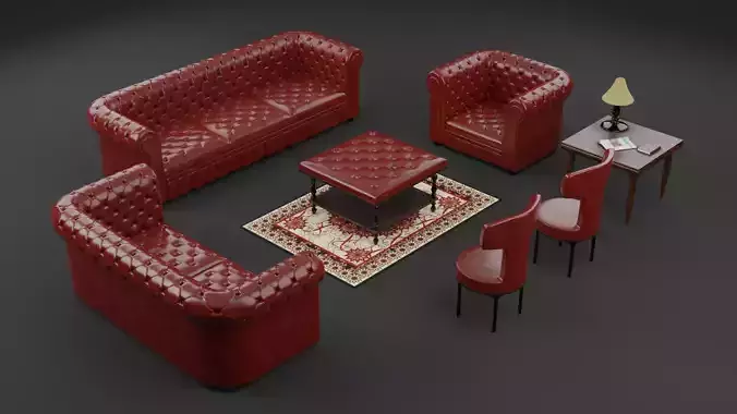 Chesterfield Realistic Leather Sofa Full Set 3ds Max