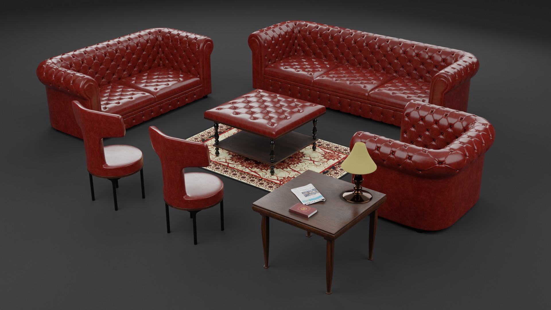 Chesterfield Realistic Leather Sofa Full Set 3ds Max Low-poly 3D model_1