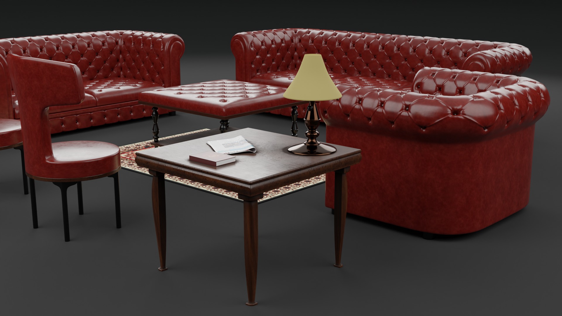 Chesterfield Realistic Leather Sofa Full Set 3ds Max Low-poly 3D model_9