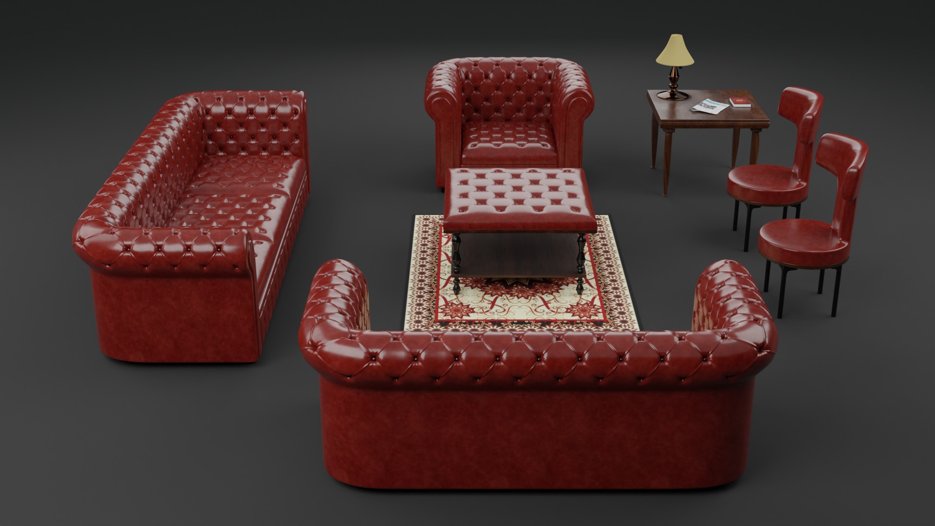 Chesterfield Realistic Leather Sofa Full Set 3ds Max Low-poly 3D model_5
