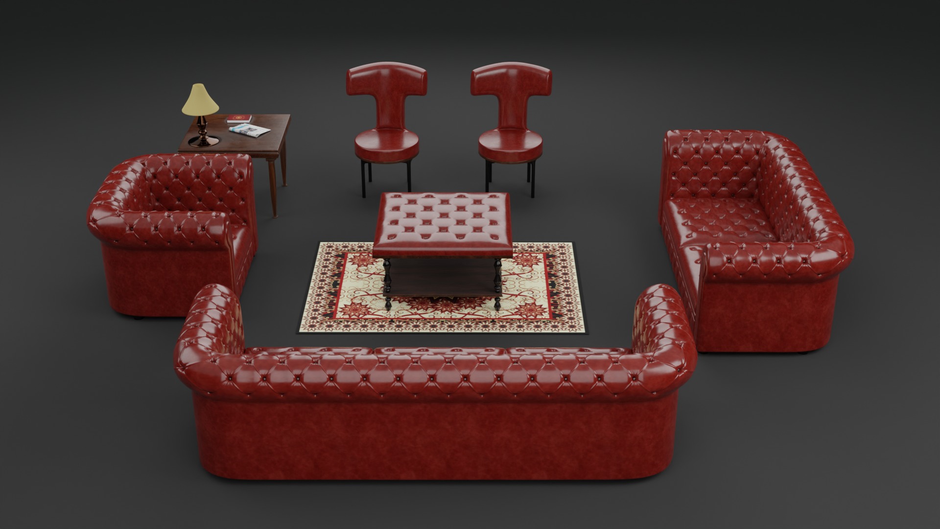 Chesterfield Realistic Leather Sofa Full Set 3ds Max Low-poly 3D model_7