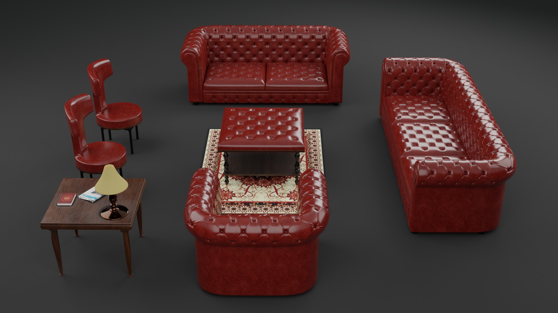 Chesterfield Realistic Leather Sofa Full Set 3ds Max Low-poly 3D model_3