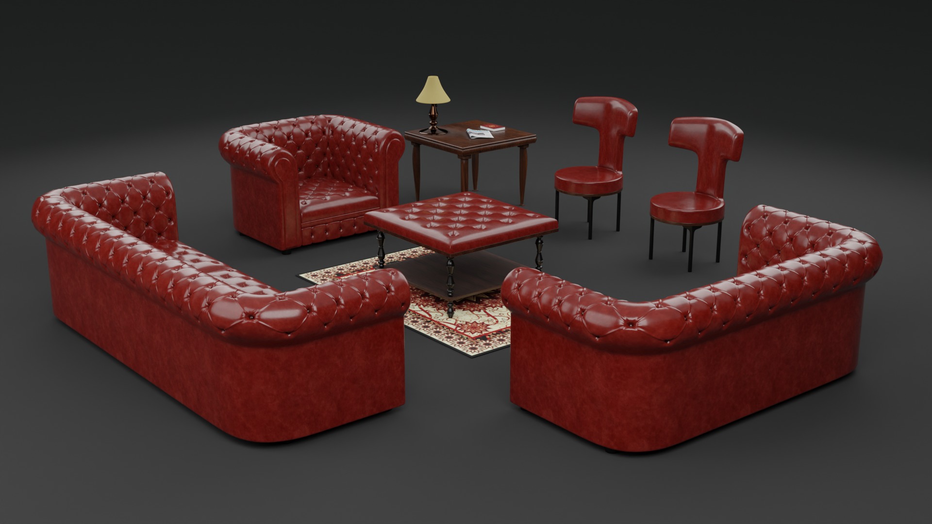 Chesterfield Realistic Leather Sofa Full Set 3ds Max Low-poly 3D model_10