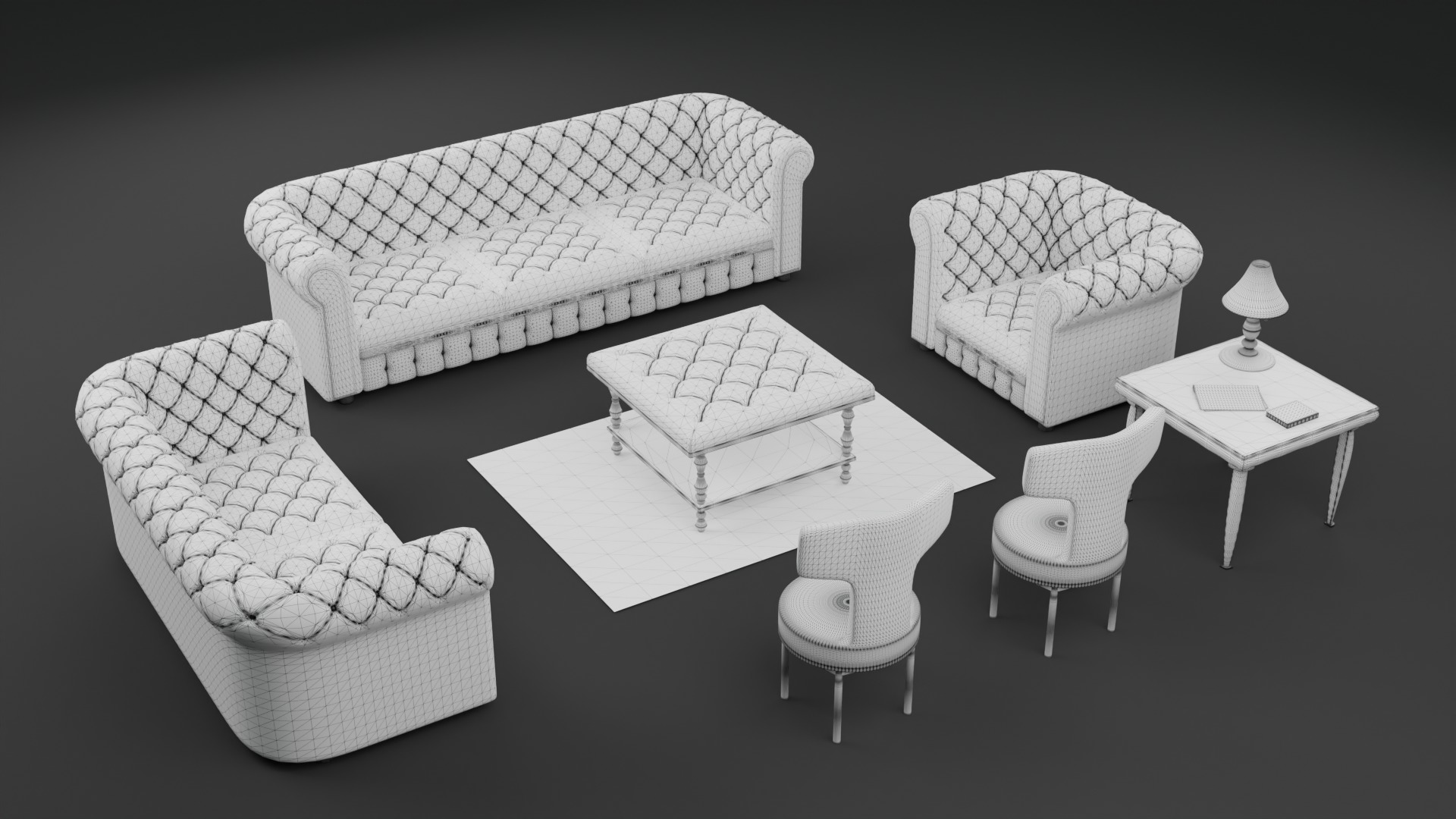 Chesterfield Realistic Leather Sofa Full Set 3ds Max Low-poly 3D model_12