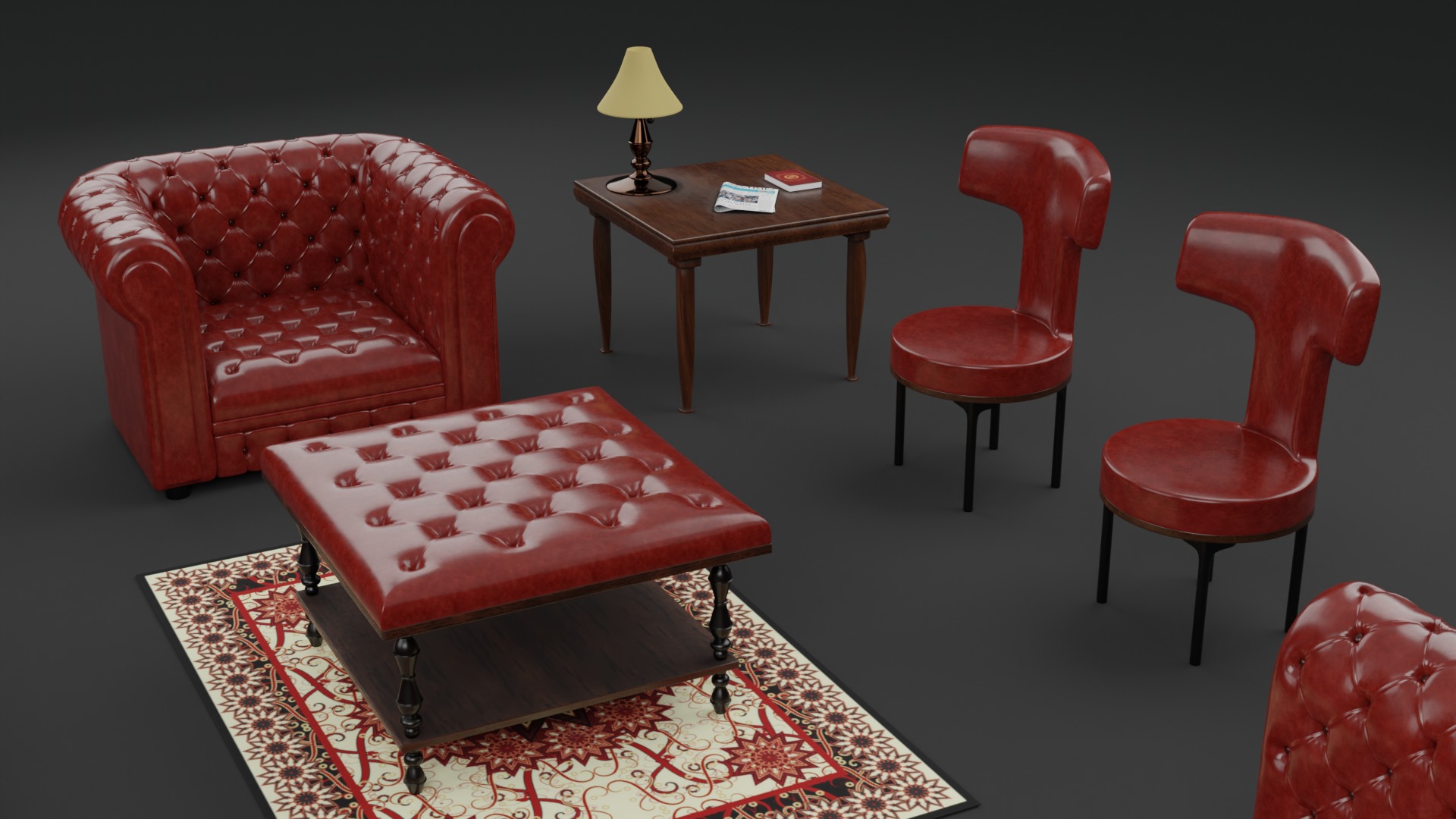 Chesterfield Realistic Leather Sofa Full Set 3ds Max Low-poly 3D model_6