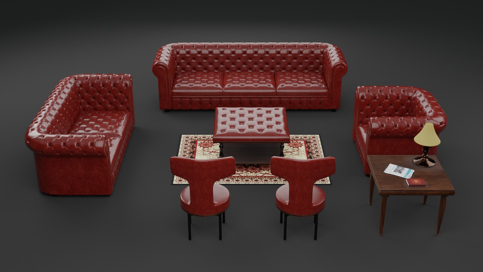 Chesterfield Realistic Leather Sofa Full Set 3ds Max Low-poly 3D model_2