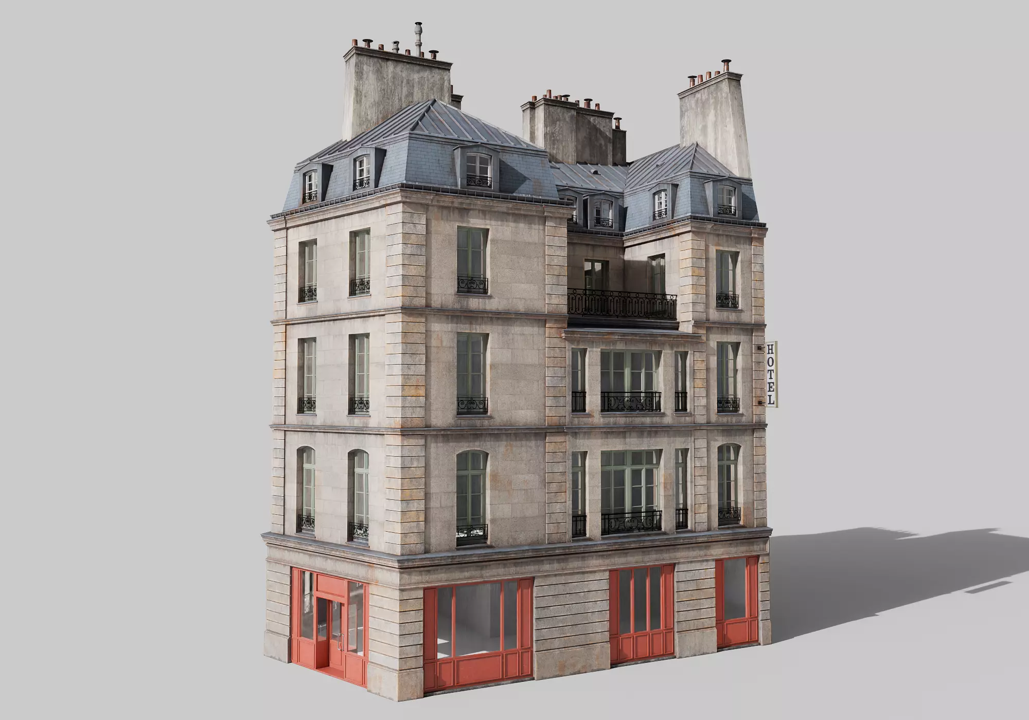 Parisian building with terrace Low-poly 3D model