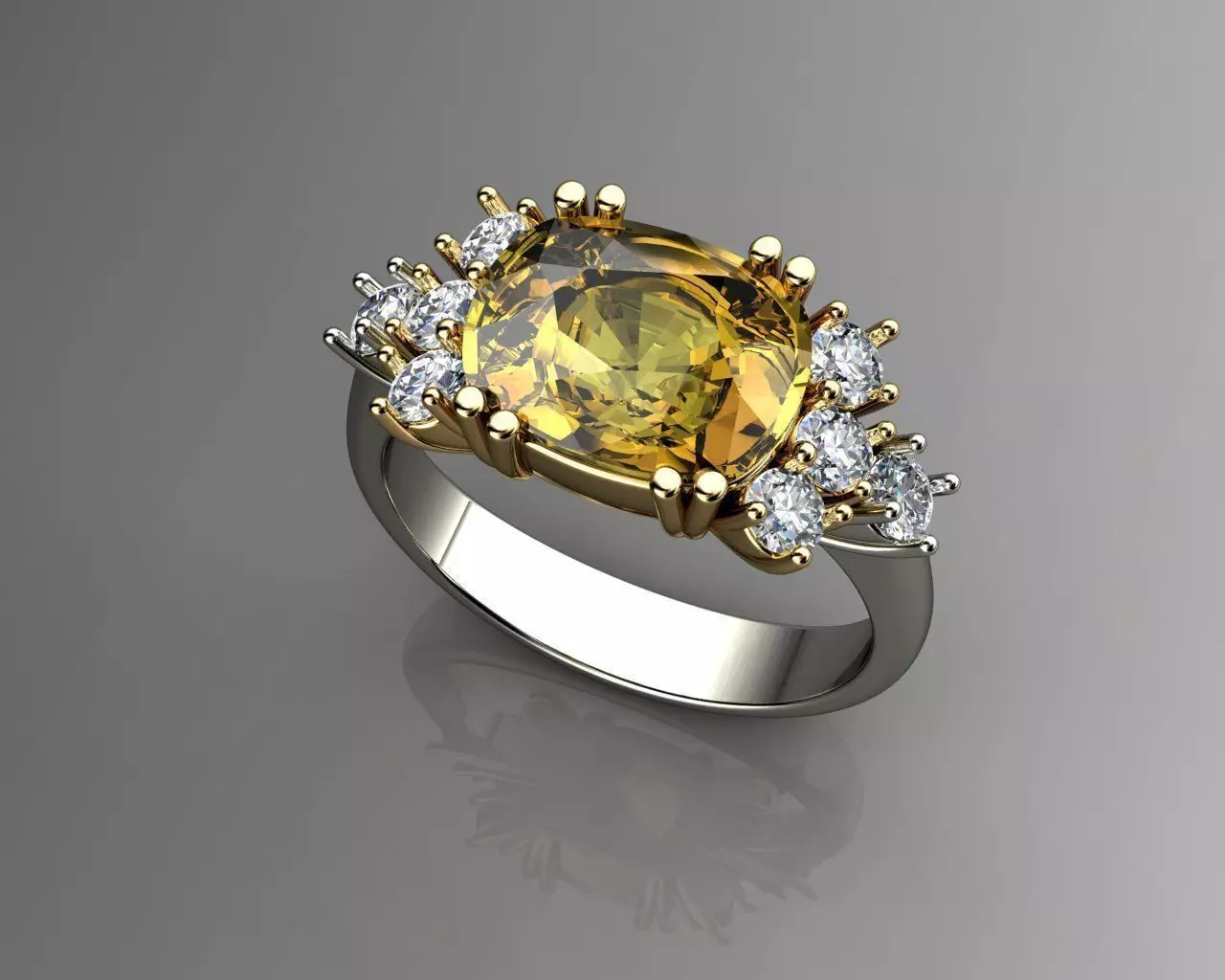 Cushion Yellow Sapphire and Diamond Ring 3D print model