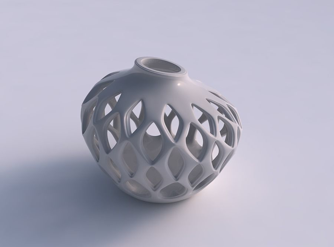 Vase spherical with smooth beveled cuts and high neck squeezed with streched top corner