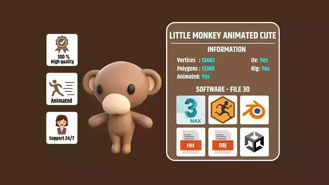Little Monkey Animated Cute 3D Models For Games And Animations