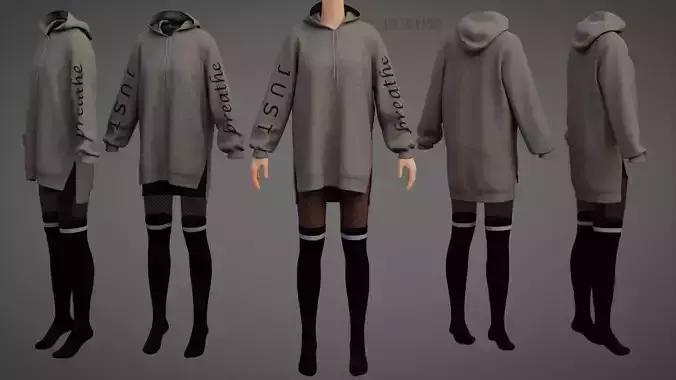 Grunge Style Oversized hoodie fishnet thigh high socks Clothing 3D model