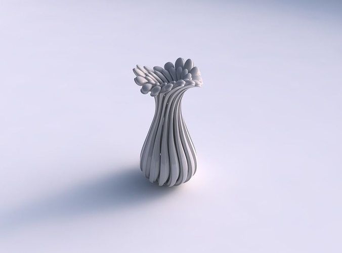 Vase small curved twisted with beveled muscle structure and soft tips streched and wavy top