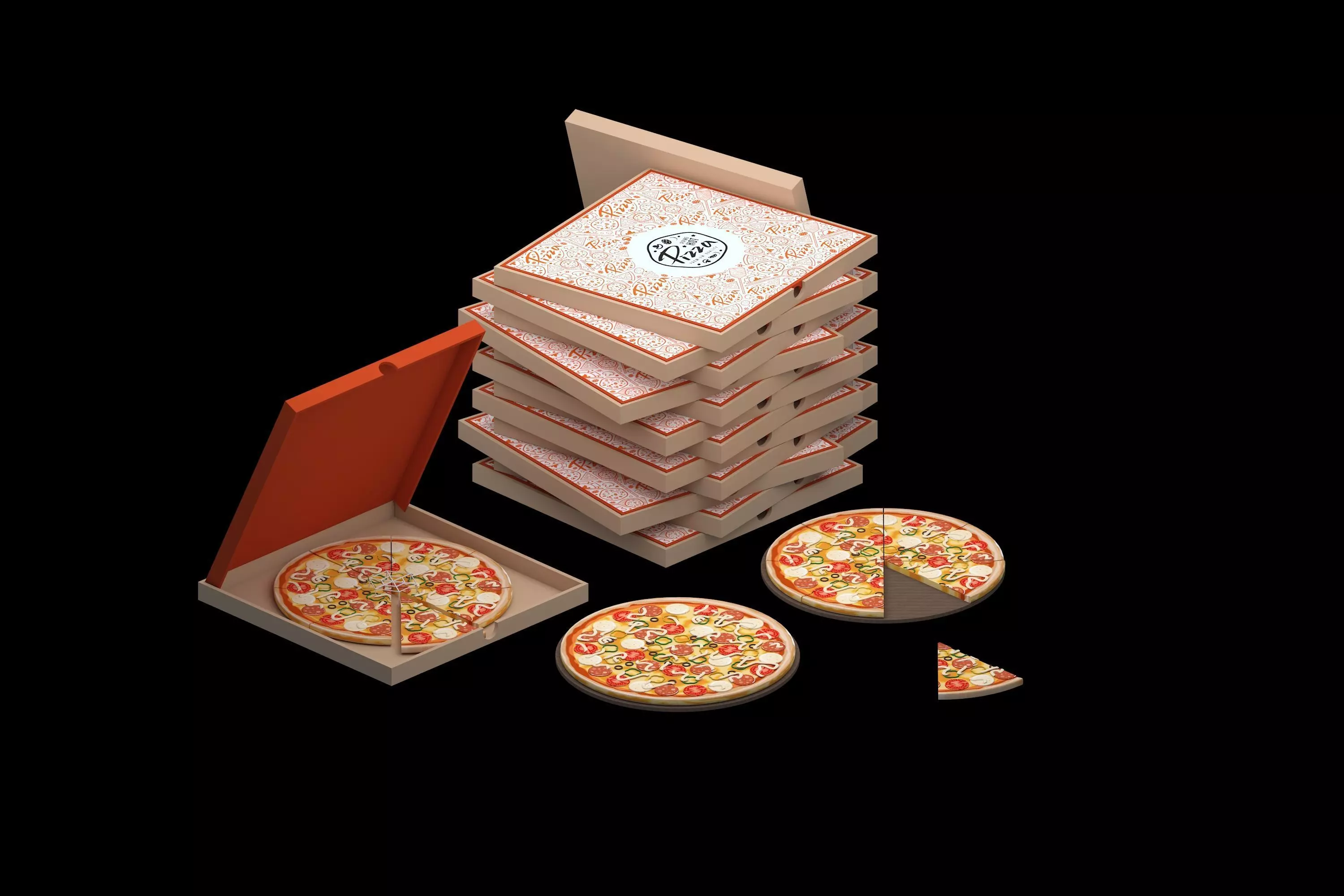 pizza on a wooden tray Low-poly 3D model