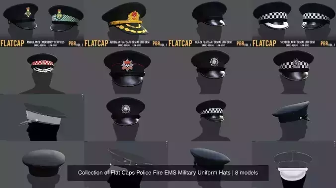 Collection of Flat Caps Police Fire EMS Military Uniform Hats