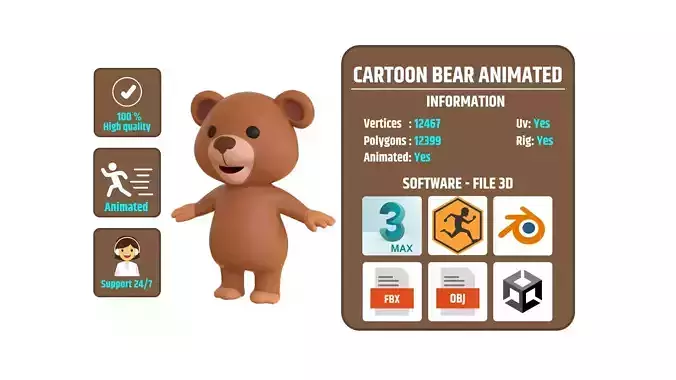 High-Quality 3D Cartoon Bear Animated Low-poly 3D model
