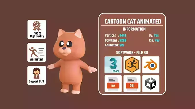 High-Quality 3D Cartoon Cat Animated
