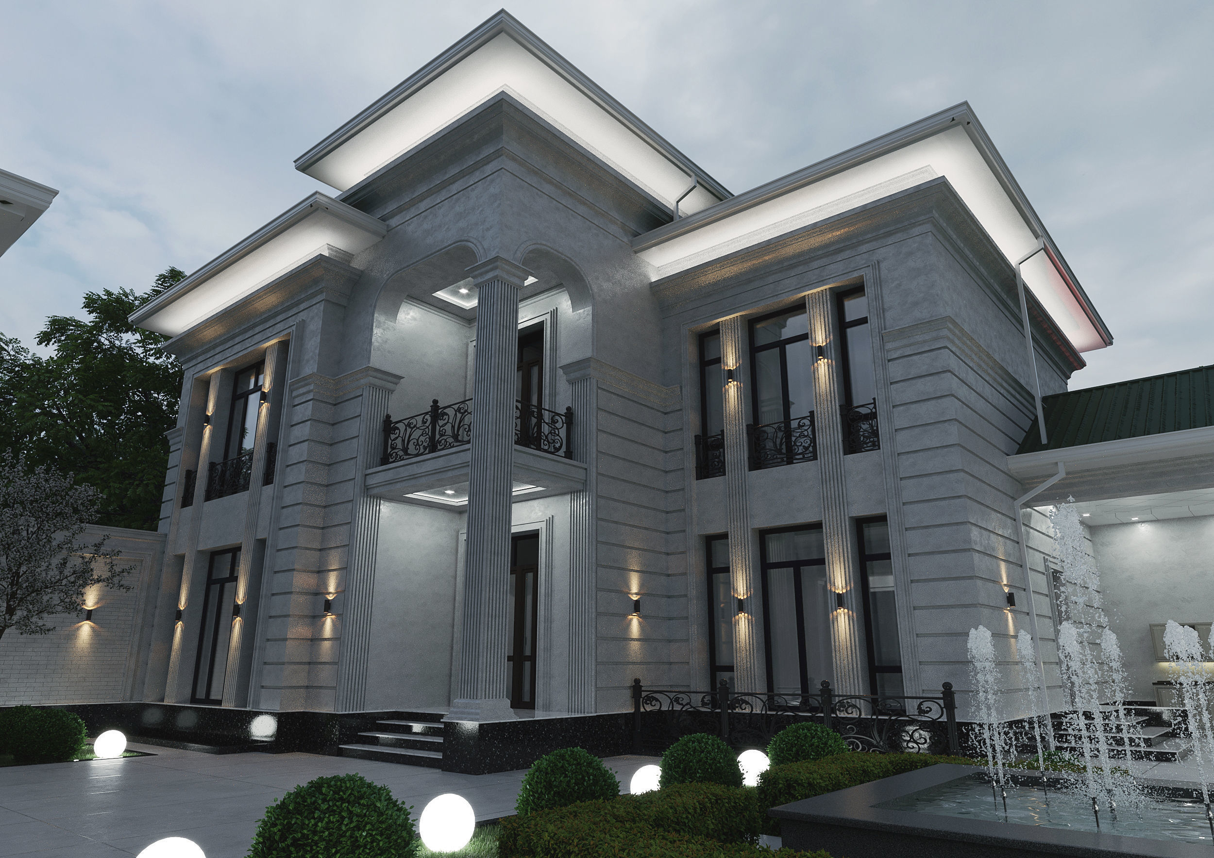 Two-story villa Facade design 3D model_1