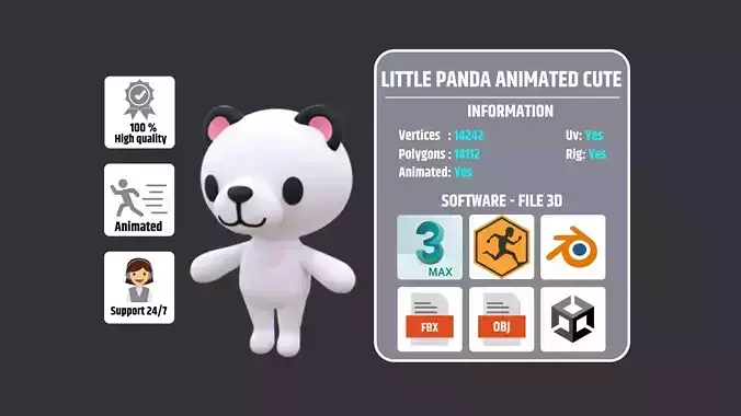 Little Panda Animated Cute 3D Models For Games And Animations 