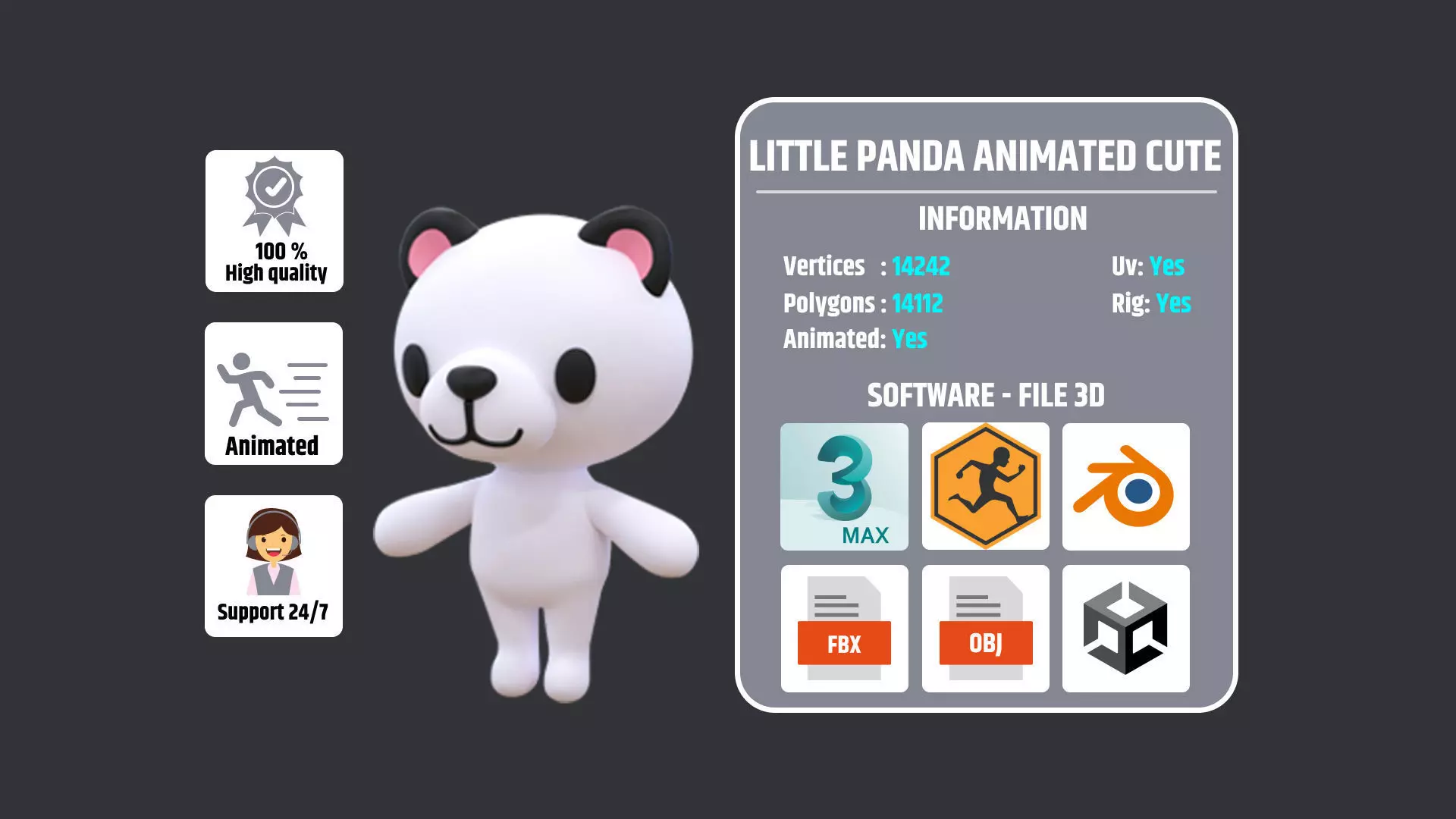 Little Panda Animated Cute 3D Models For Games And Animations Low-poly 3D model