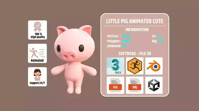 Little Pig Animated Cute 3D Models For Games And Animations Low-poly 3D model