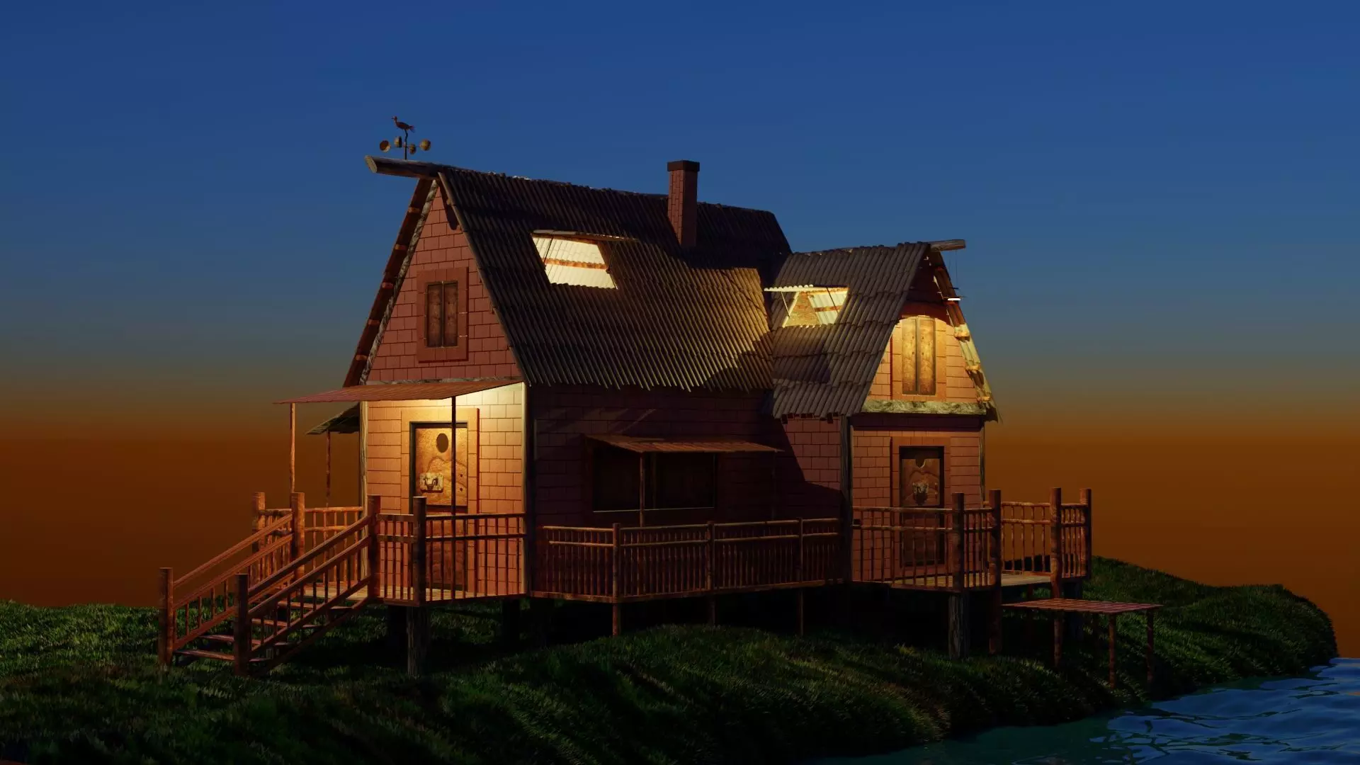 3D House landscape with sunset view 3D model_0