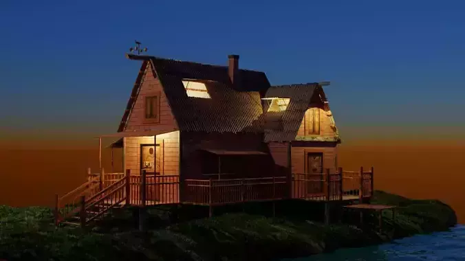3D House landscape with sunset view 3D model