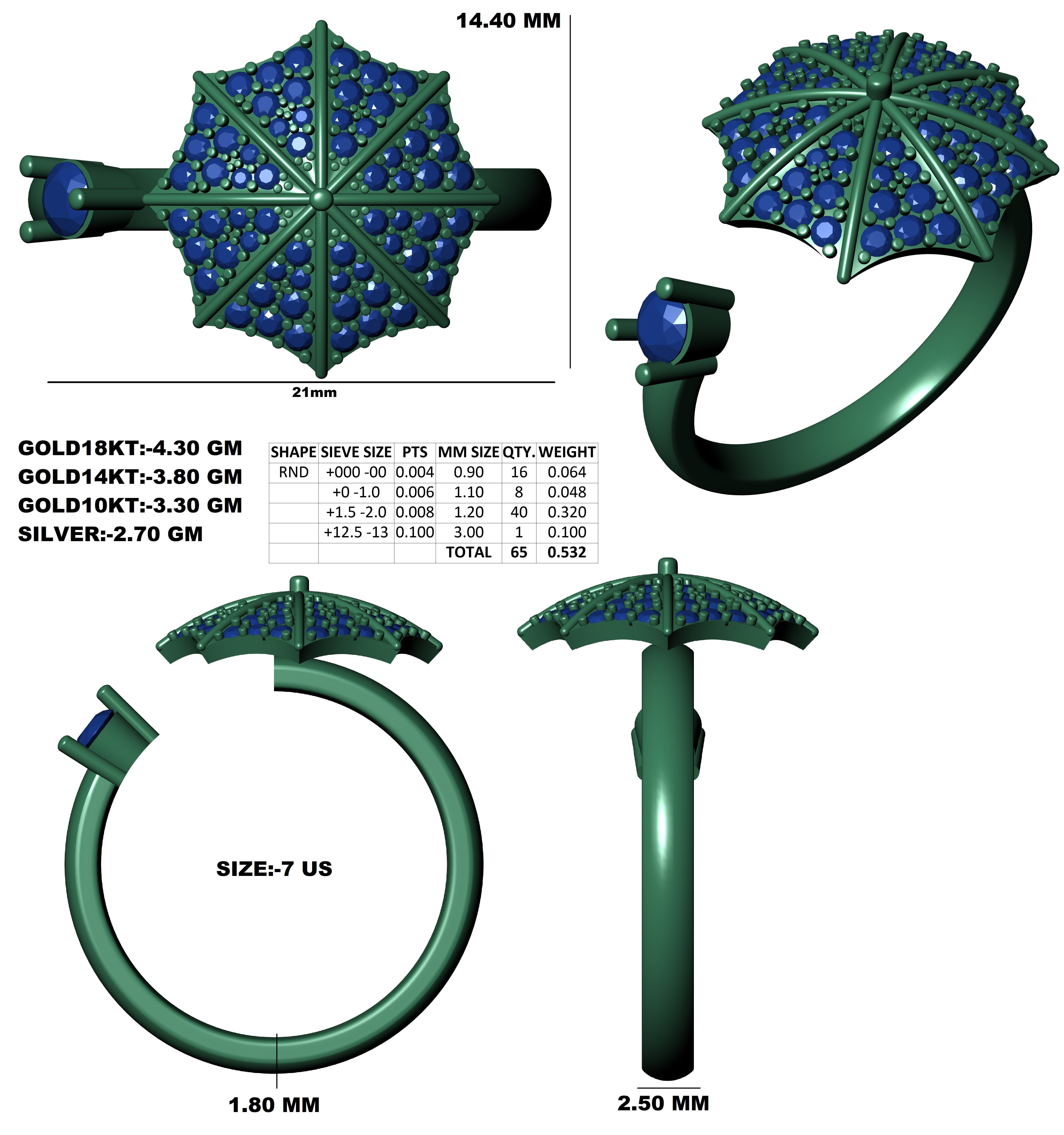Umbrella Diamond Ring 3D print model_4