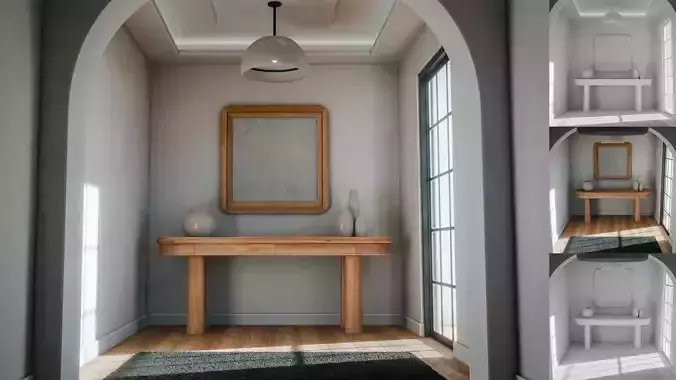 Minimalist interior with a wooden floor and a black rug