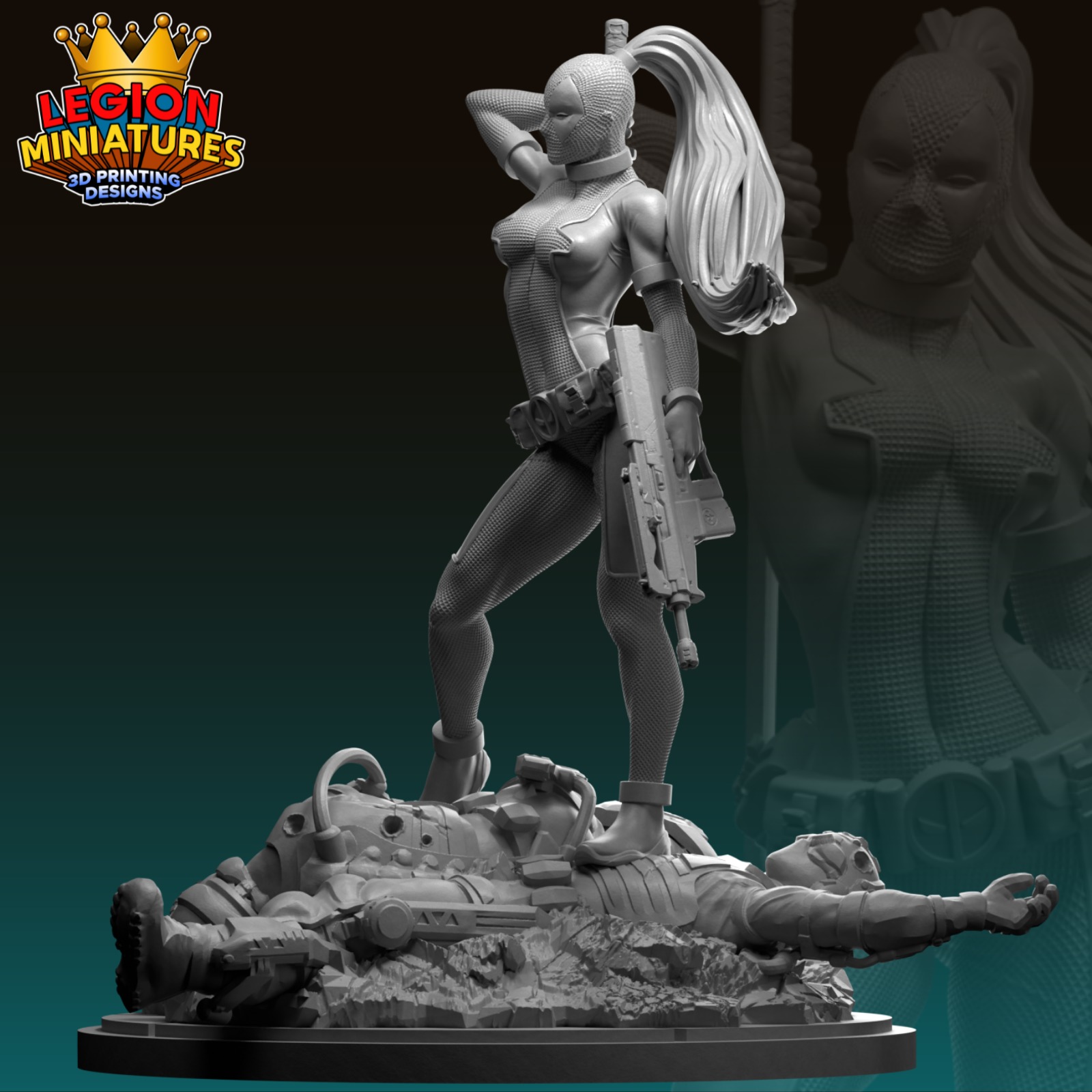 Marvel crisis protocol Lady Deadpool presupported included 3D print model_1