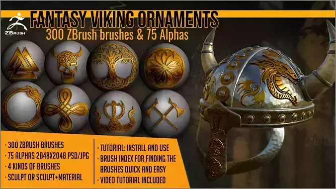 Fantasy Viking Ornaments Maker 300 ZBrush brushes and 75 alphas 3D model