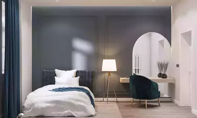Neoclssical bedroom interior with corona