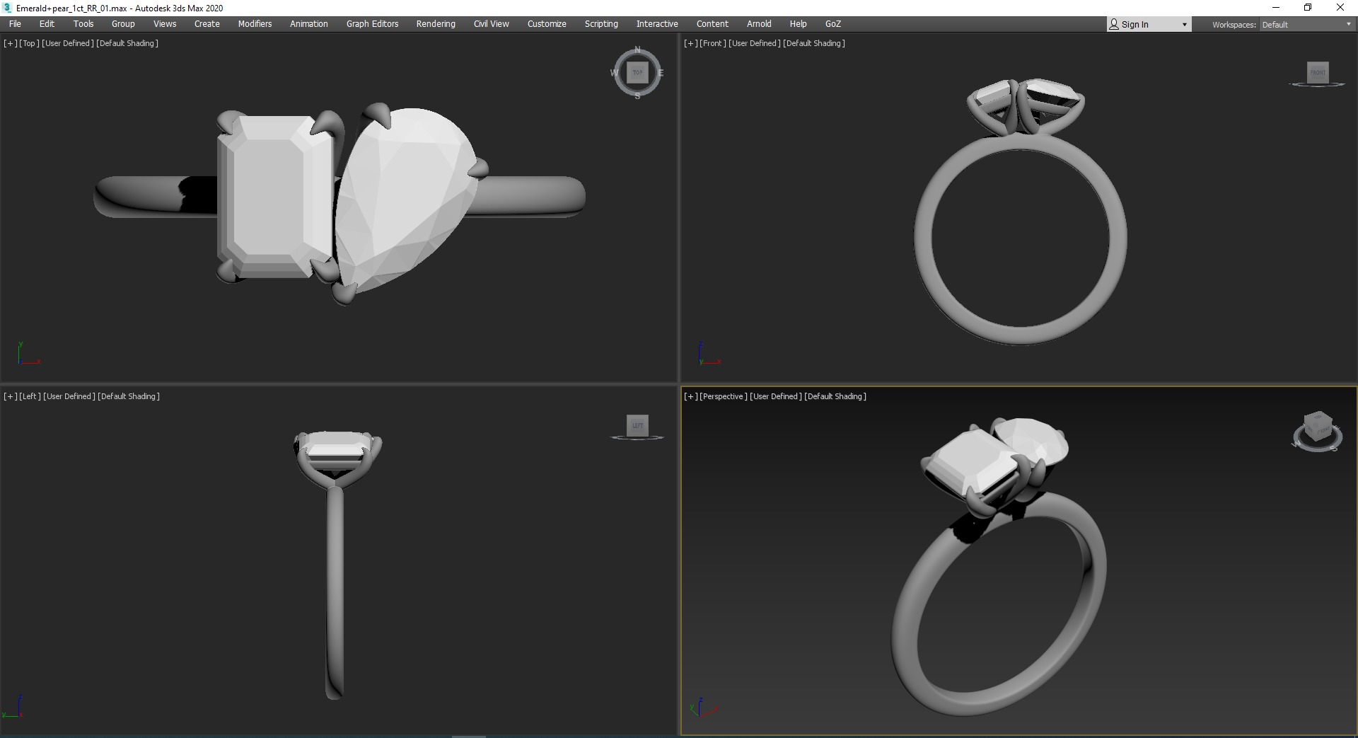 Pear and Emerald Cut Diamond Duo Engagement Ring 3D print model_1