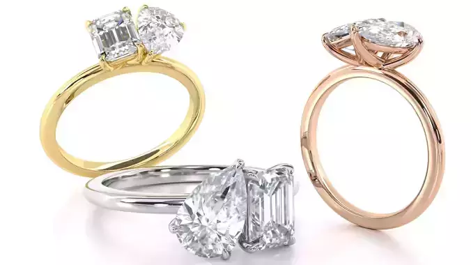 Pear and Emerald Cut Diamond Duo Engagement Ring